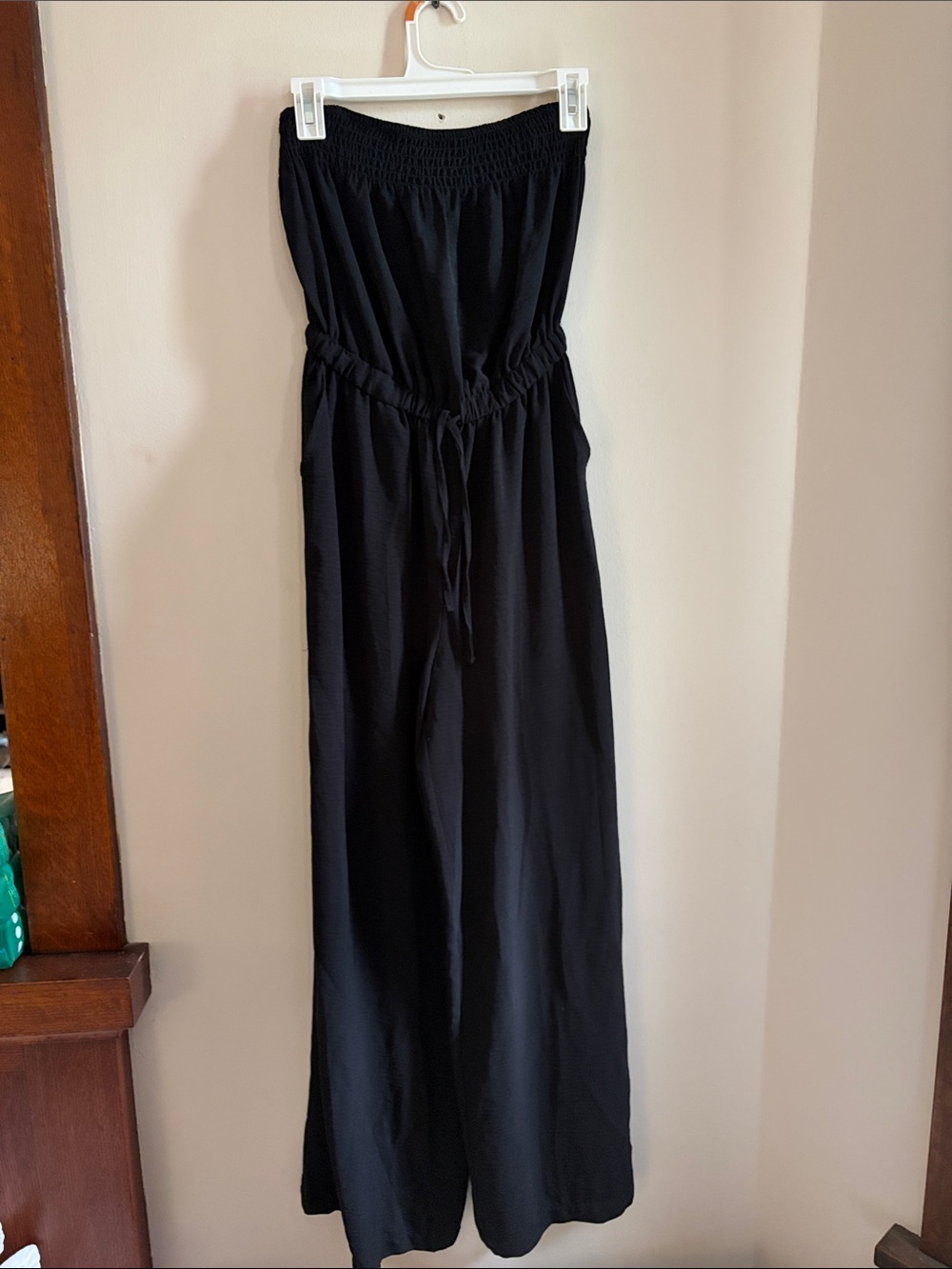 No Boundaries Black Strapless Wide-Leg Jumpsuit with Waist Tie